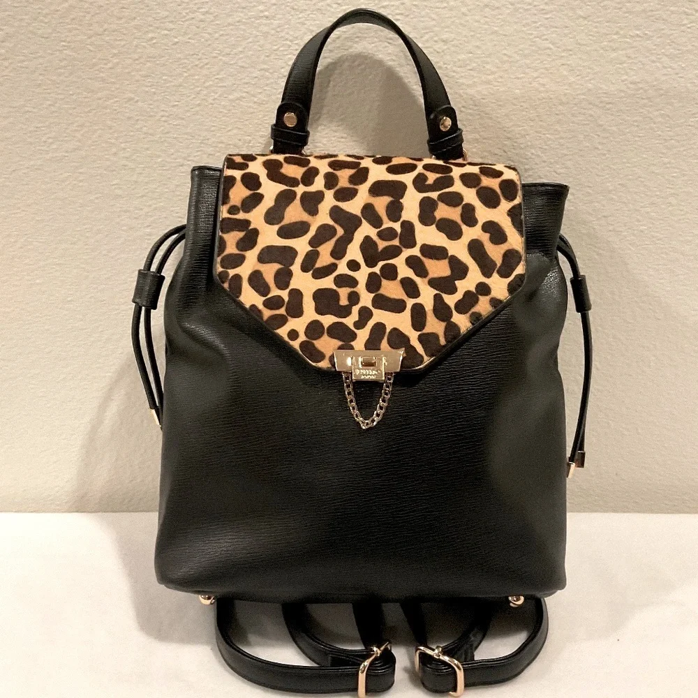 Dune London Black Calf Hair Leather Flap Backpack LIKE NEW CONDITION